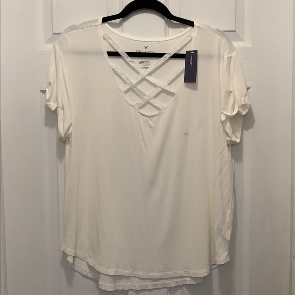 American Eagle white tee with lace cross front